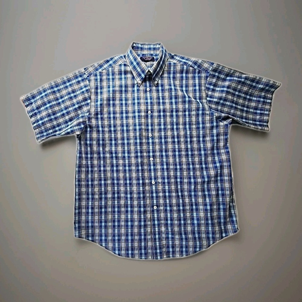 Roundtree & Yorke Easy Care Men's Large S/S Button‎ Shirt Blue Plaid Modern EUC